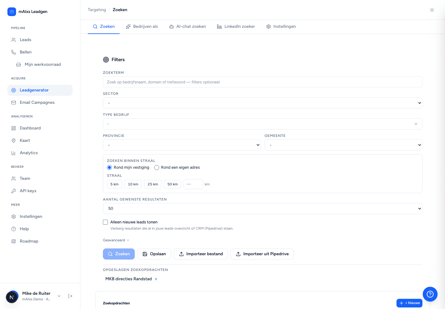 Leadgenerator: zoek bedrijven op sector, regio en straal