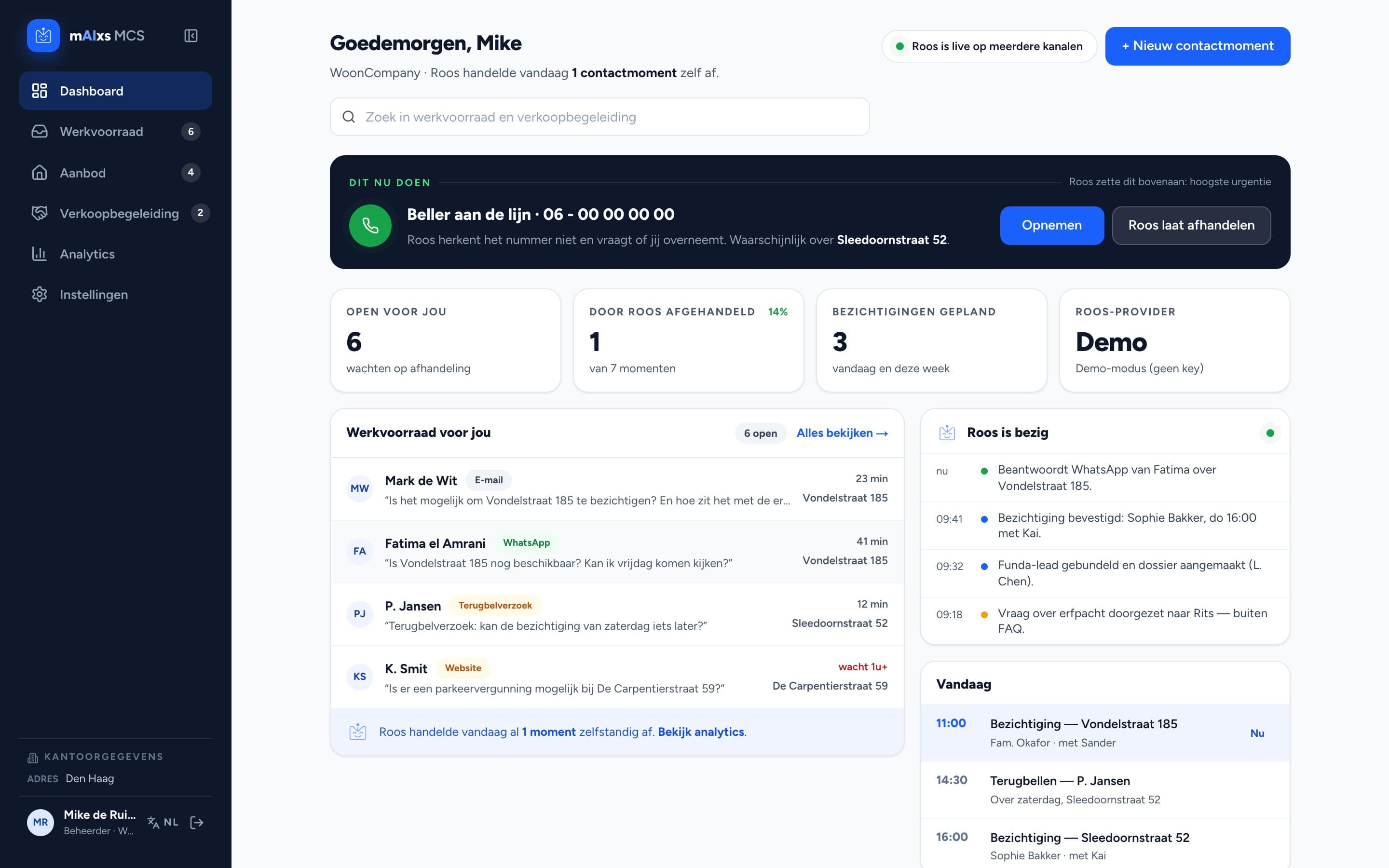 Dashboard van mAIxs RoosAI met de eerstvolgende actie, KPI's en de live-feed van Roos