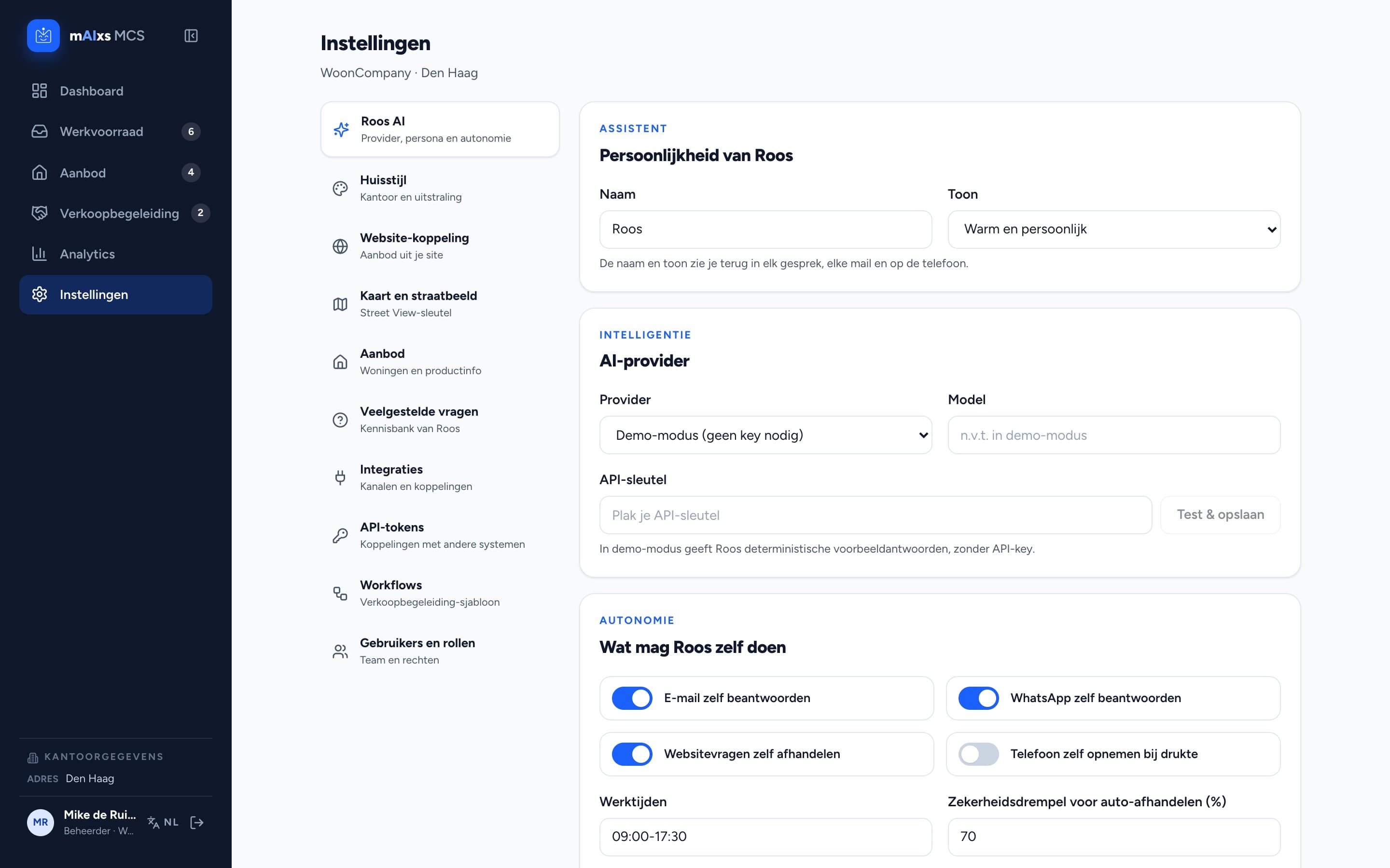 Instellingen voor de persona van Roos, de AI-provider en haar autonomie