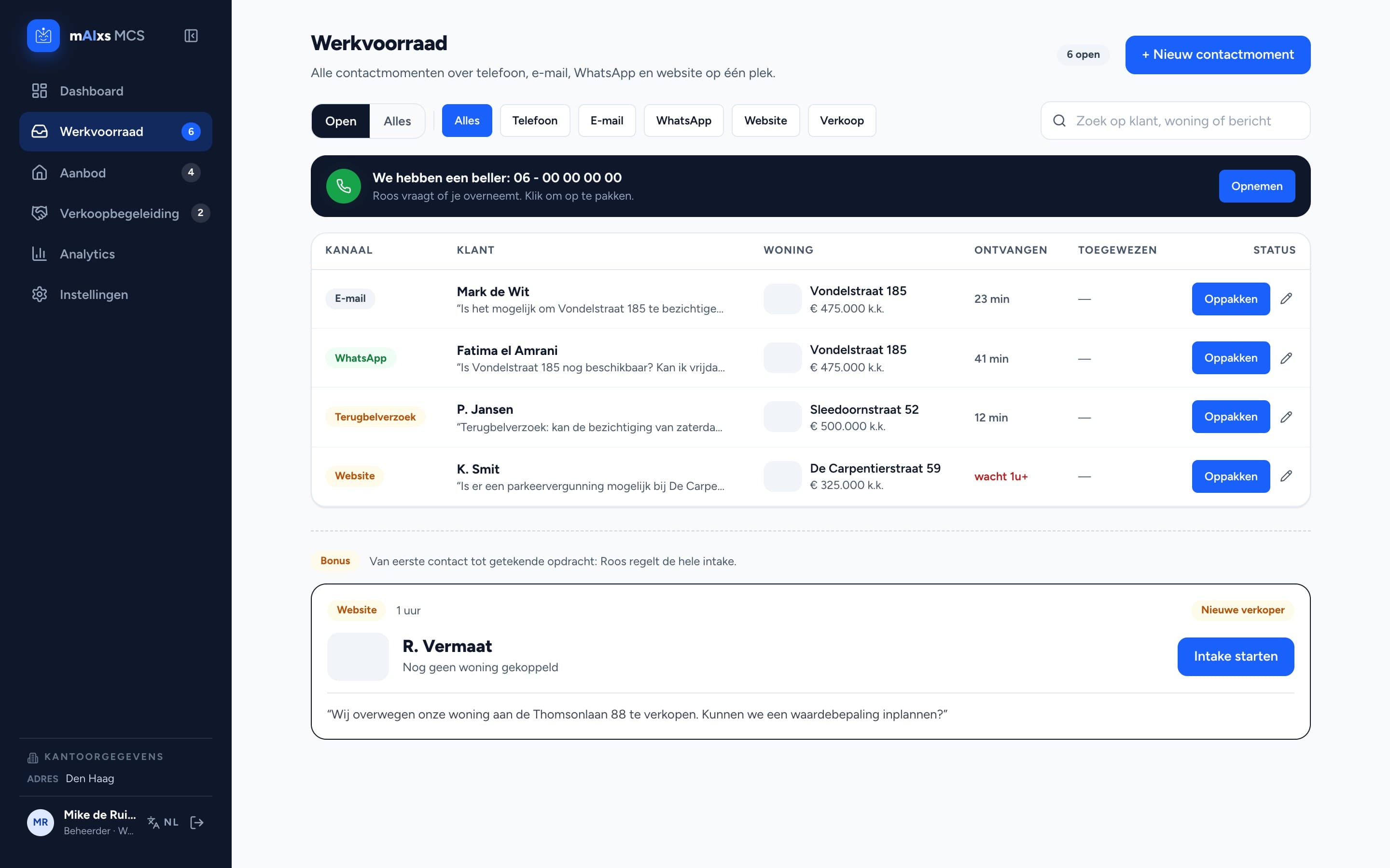 Werkvoorraad met contactmomenten uit telefoon, e-mail, WhatsApp en website