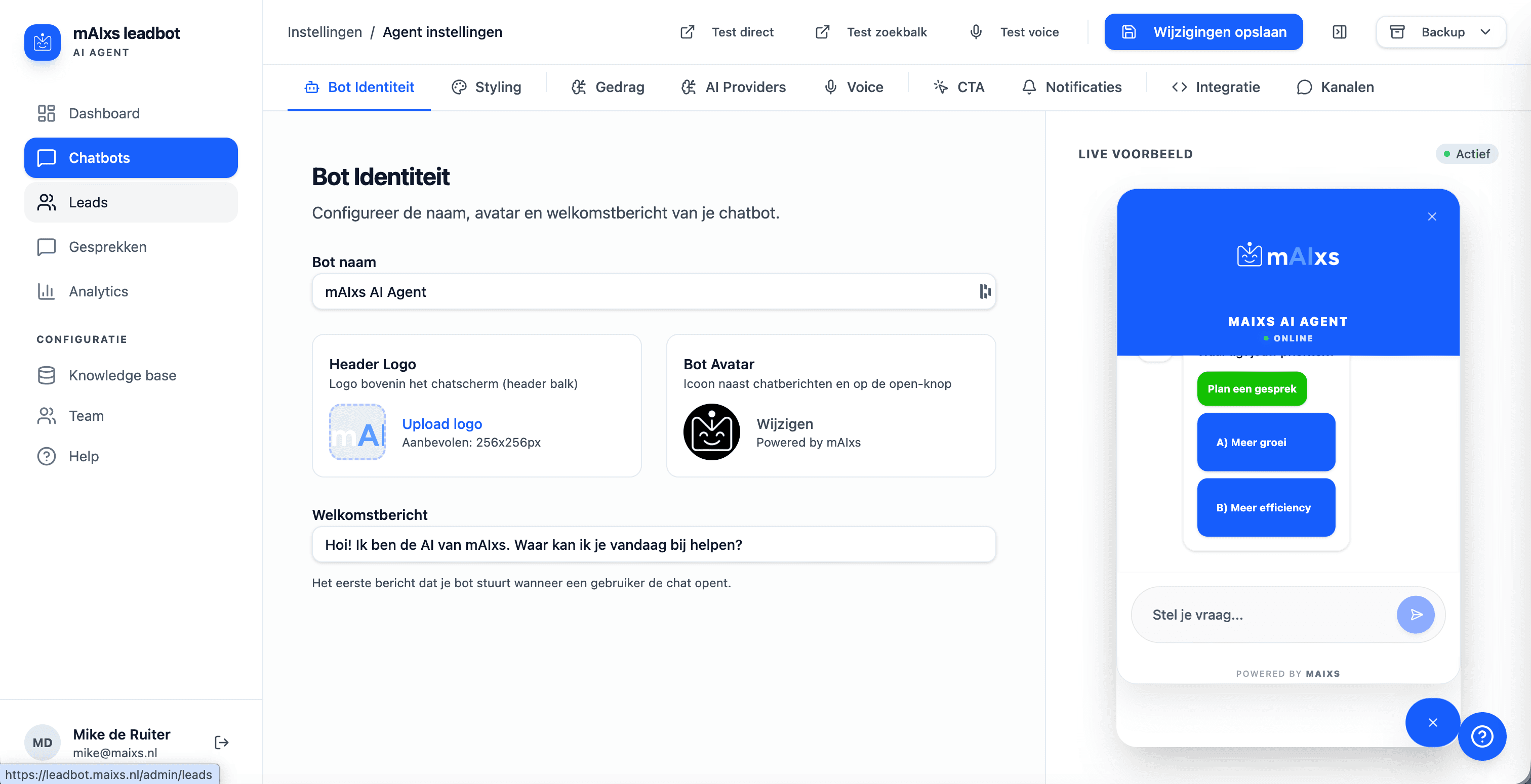 AIbot instellingen: bot identiteit, logo, welkomstbericht en live preview